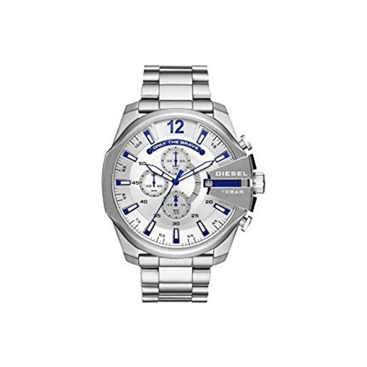 Diesel DZ4477 Mega Chief Chronograph Men's Watch – White Dial & Silver Stainless Steel Strap