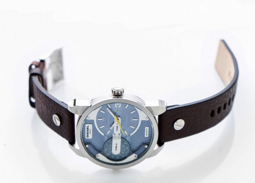 Diesel DZ7321 Mini Daddy Chronograph Men's Watch – Light Blue Dial & Brown Leather Strap