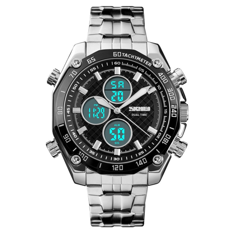 skmei-1302-fashion-men-leisure-wrist-watch-multifunctional-dual-time-sports-digital-watch-with-stainless-steel-watchband-30m-waterproof-silver-black